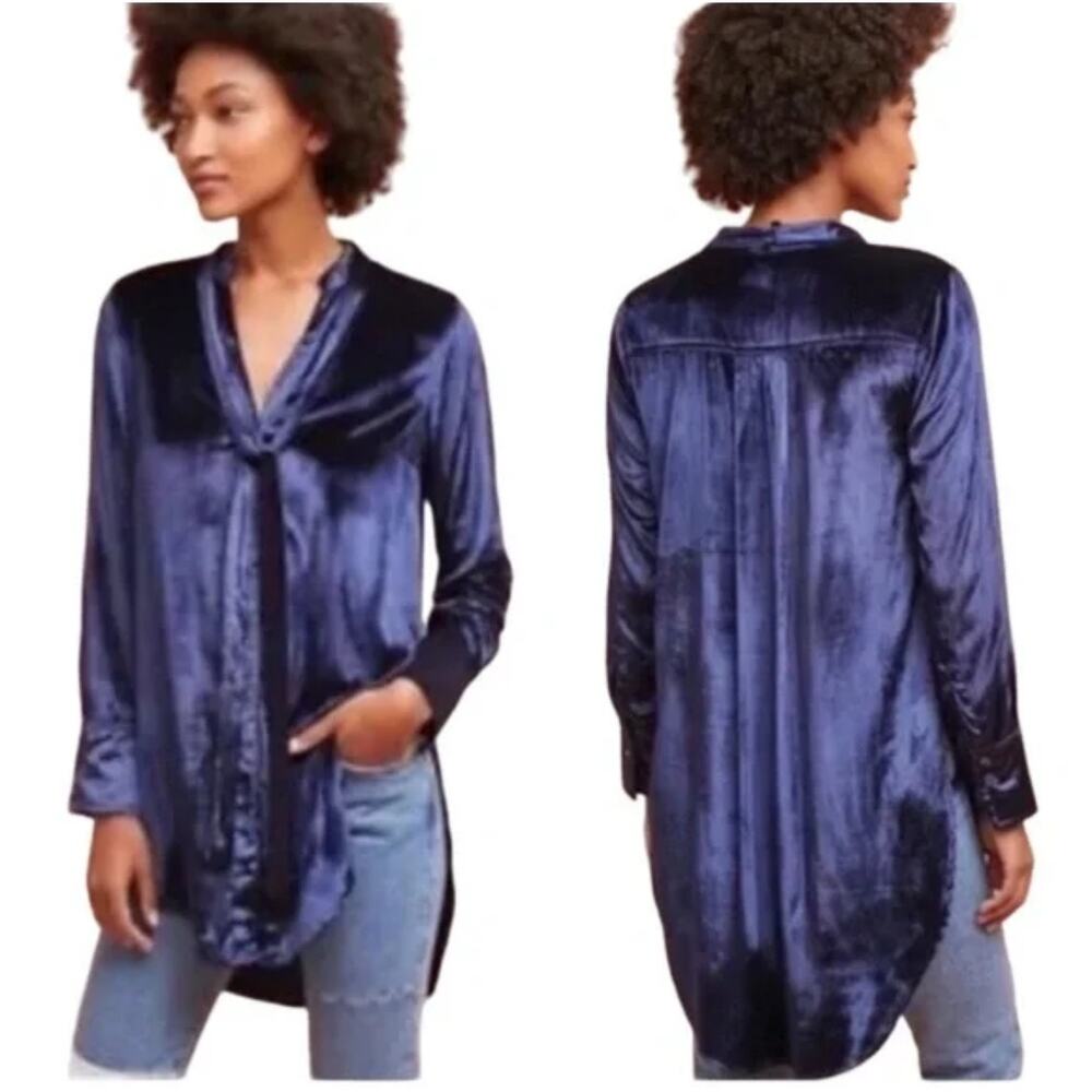 Maeve Blue Velvet Button Front Tie Neck Tunic Womens 6 Formal Dressy Holiday Fun